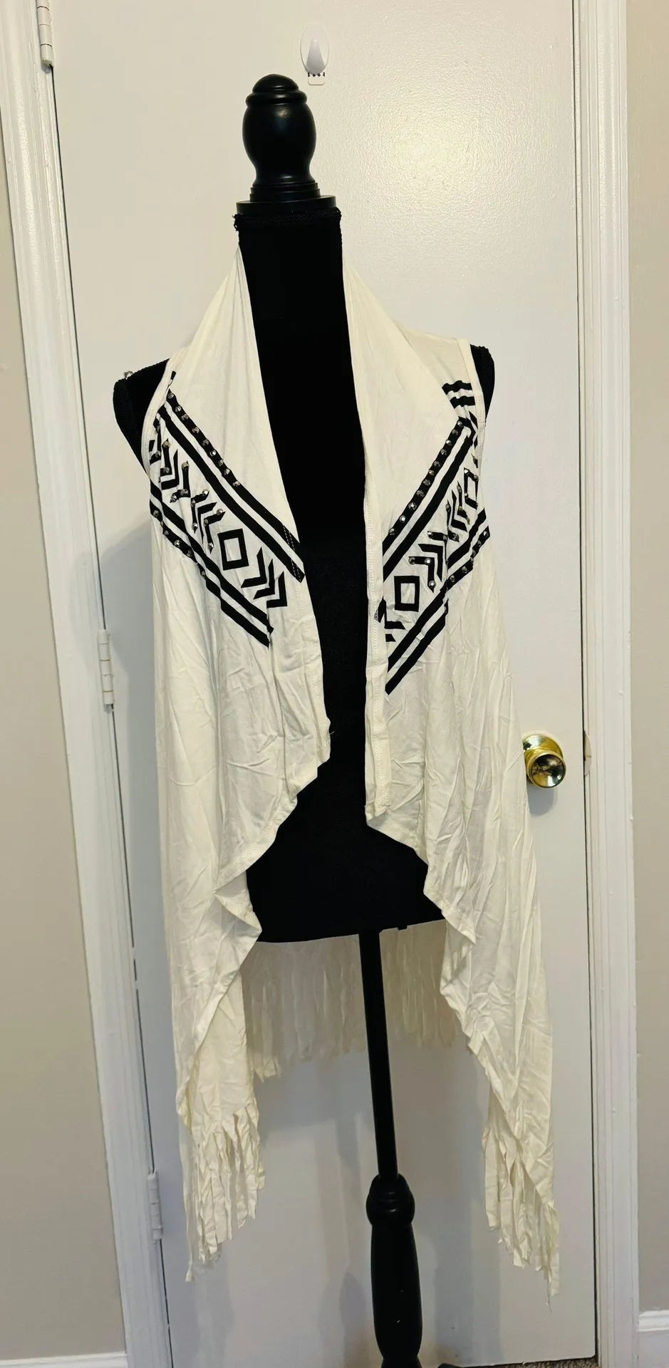 Cross Rhinestone Fringe Open Front Long Vest White M - Image 3