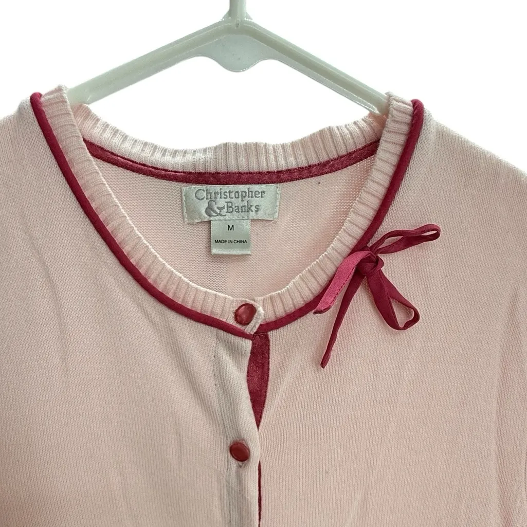 Christopher & Banks Size M Bow Accent Cardigan Sweater Pink‎ Coquette Preppy - Image 3