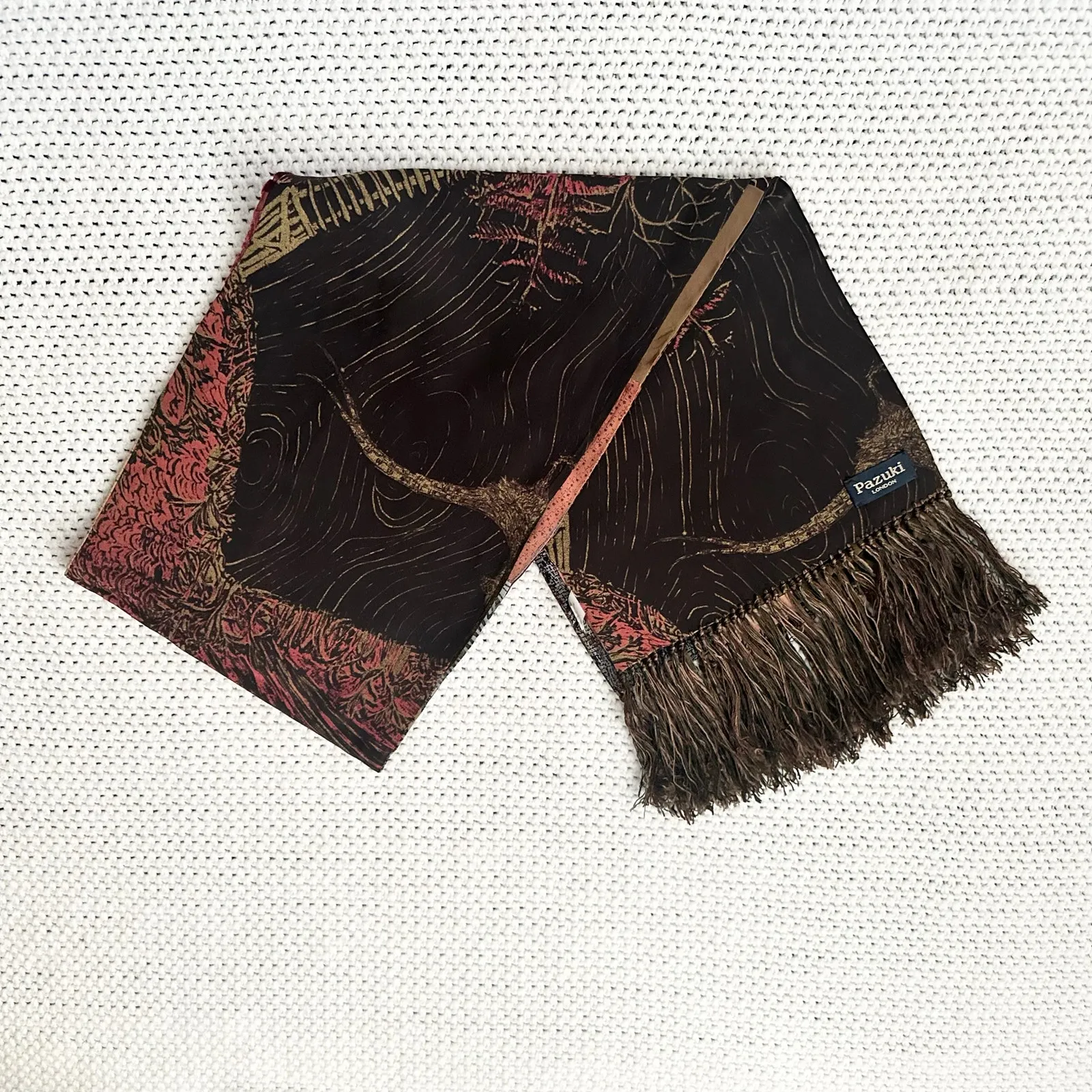 Pazuki London Made In London Floral Patchwork Fringe Trim Long Silk Velvet Scarf Red - Image 6