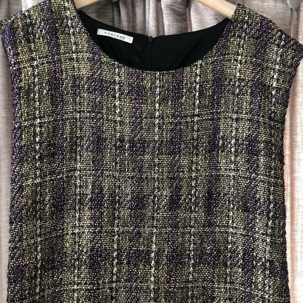 Bontrue Purple & Gold Tweed Cap Sleeve Shift Dress Size M - Image 3