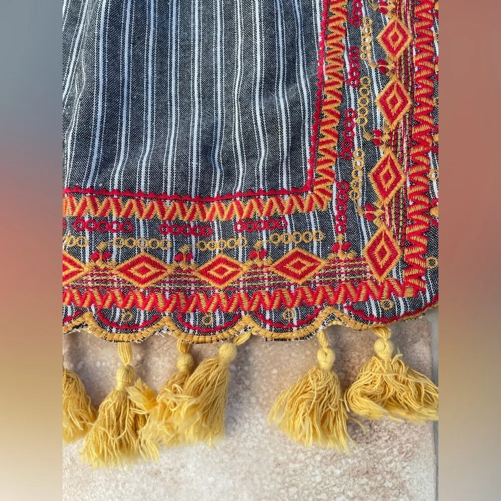 Shop the Mint Gray Striped Embroidered Wrap Short Summer Skirt With Tassels; M - Image 3