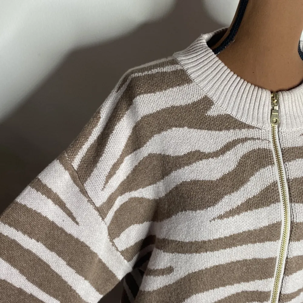 Varley Anthro Mayberry Zip wool blend longline cardigan in cobweb doe zebra sz S - Image 12