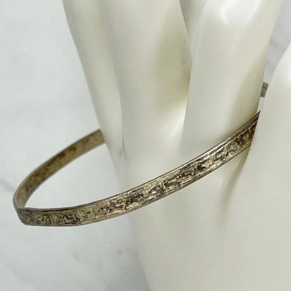 Vintage Mexico Silver Tone Greek Key Skinny Bangle Bracelet ✨ - Image 5
