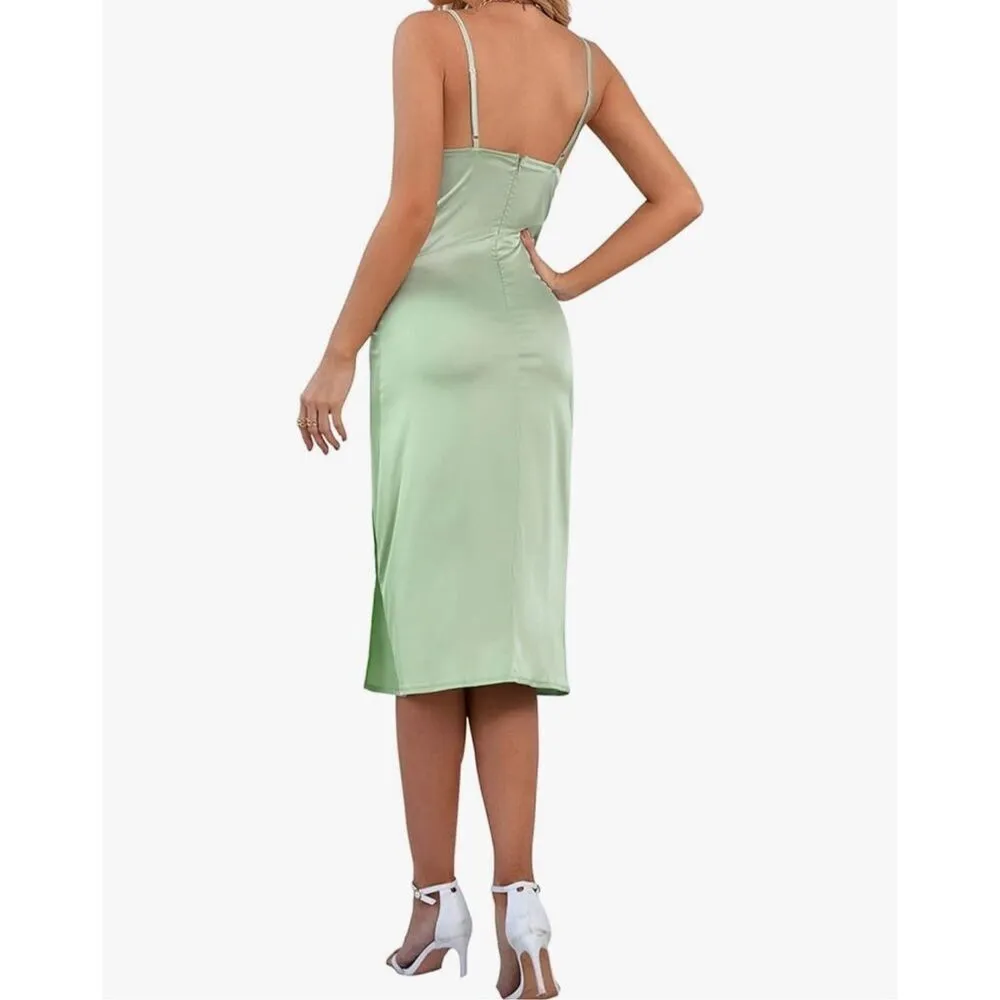 LYANER Women Satin Drape Cowl Neck Sleeveless Strappy Cami Split Midi Dress S Orange - Image 2