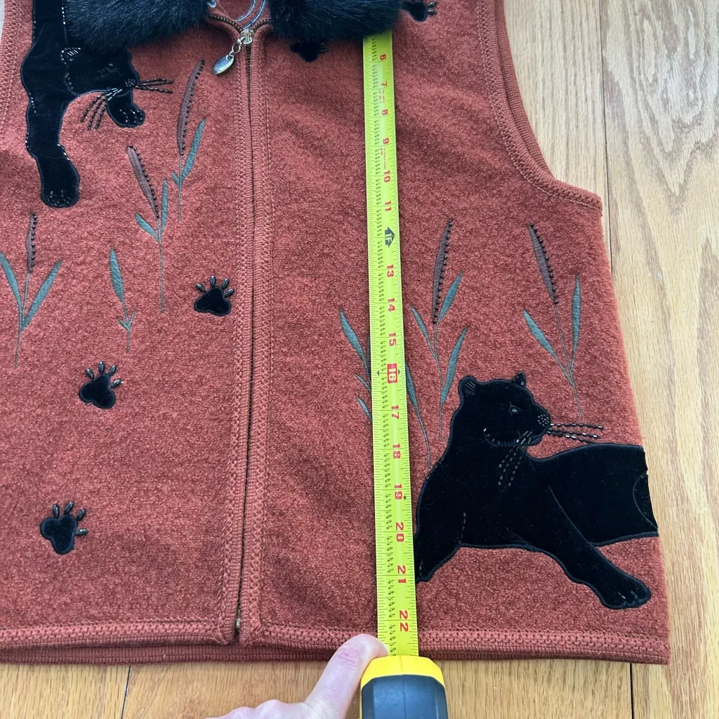 Lisa International 100% Boiled Wool Faux Fur Collar Panther Brown Vest Large - Image 7
