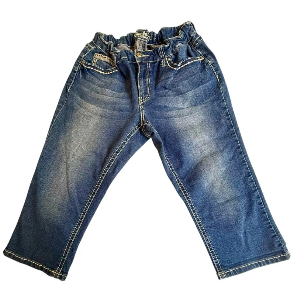 Love Indigo Denim CAPRI JEANS Women's 10P Stretch Rhinestone Angel Wing Pockets Blue - Image 2
