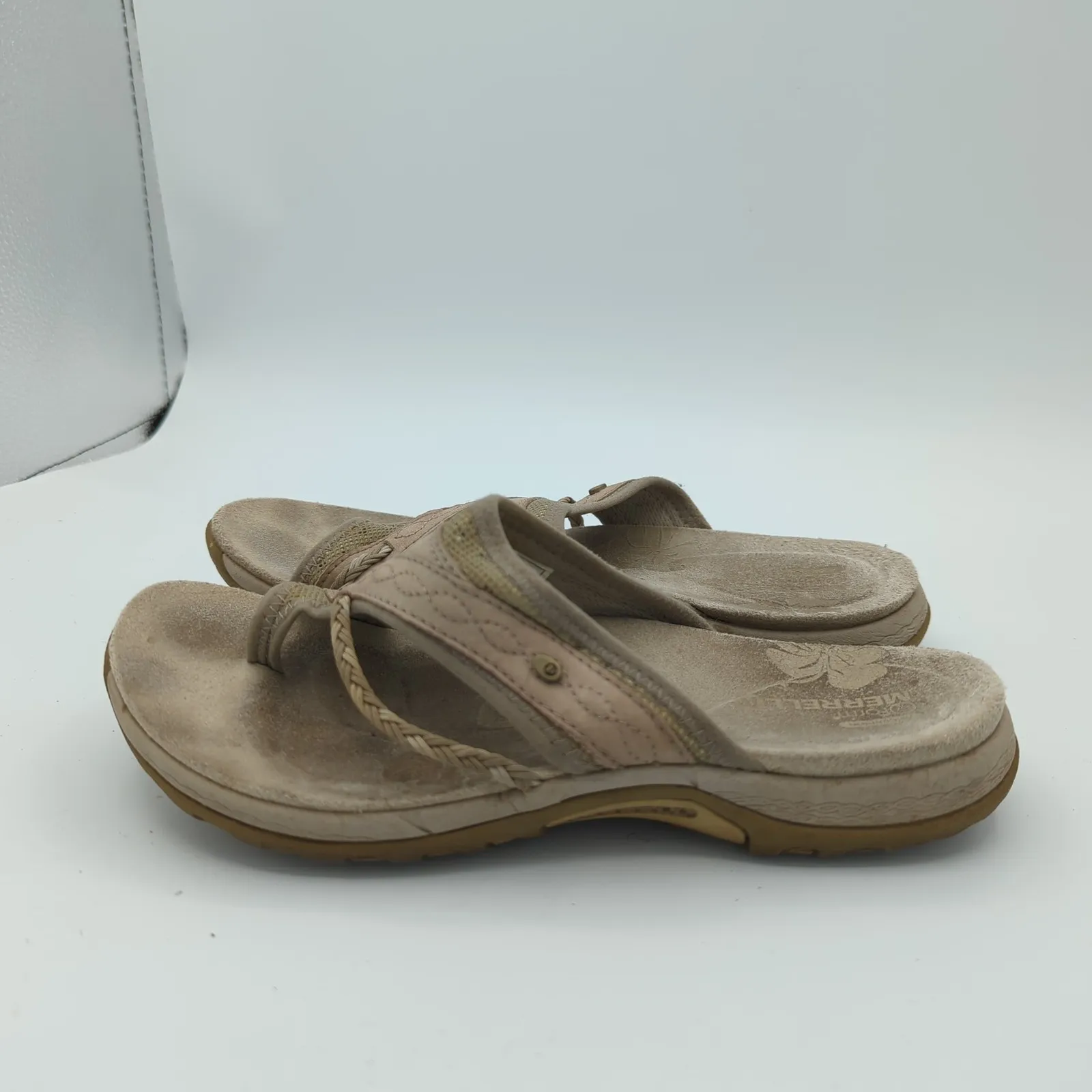 Merrell Hollyleaf Womens Taupe Leather Comfort Thong Sandals Flip Flops Shoes 6 - Image 2