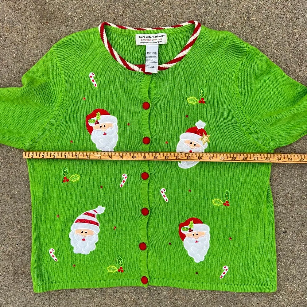 VTG Y2K Tiara International Neon Green Santa Ugly Christmas Sweater Cardigan XL - Image 5