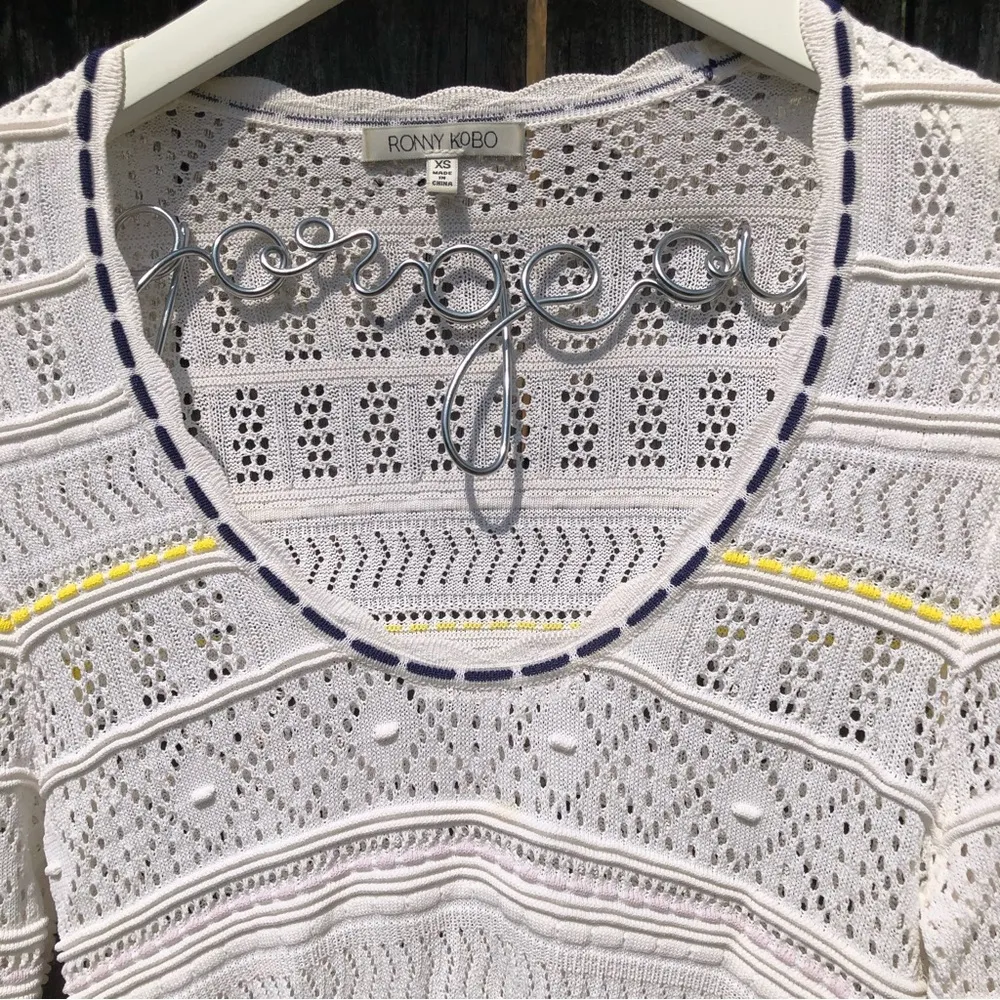 Ronny kobo henya white open knit tie tassel bell long sleeve sweater top XS - Image 5