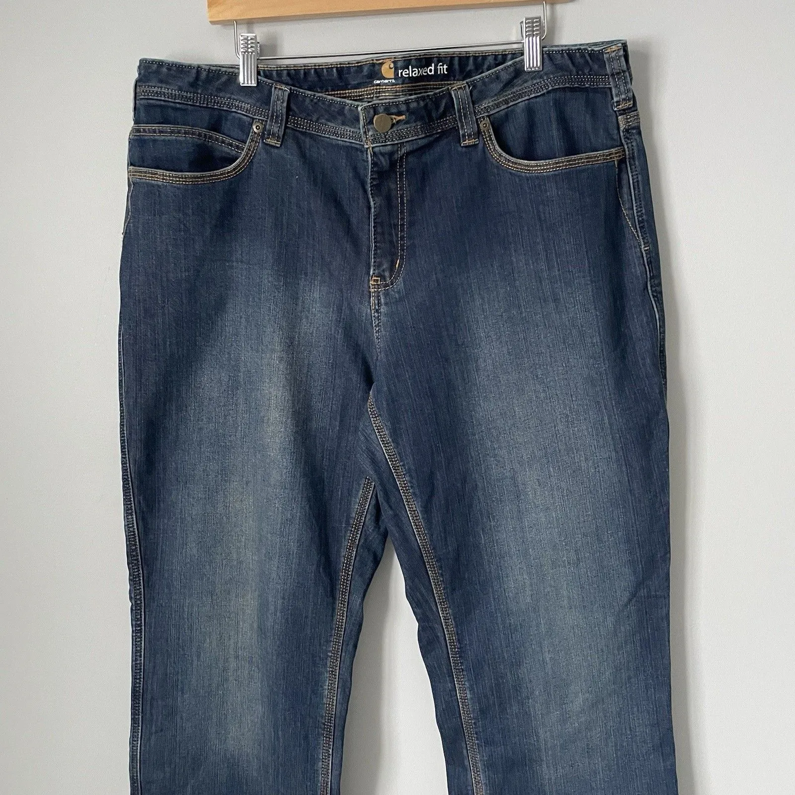 Carhartt Women's Boone Flannel-Lined Relaxed Fit Dark Wash Denim Jeans Pants 18 - Image 3