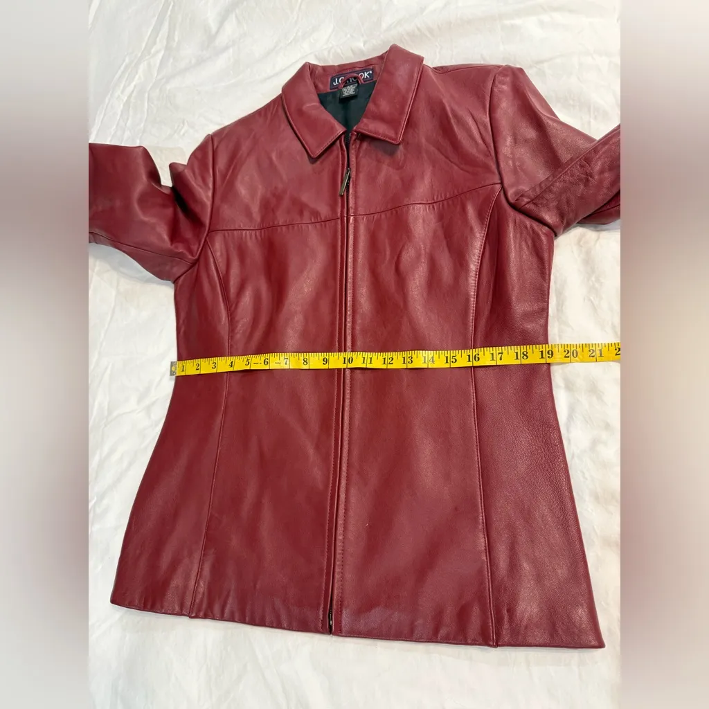 J G Hook deep red leather jacket zip front lined. Size Medium - Image 7