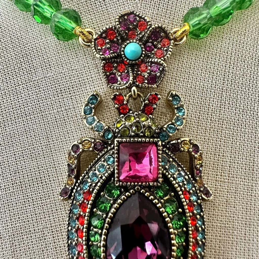 Heidi Daus Crystal Jeweled Beetle Necklace with Green Glass Beads - Image 6