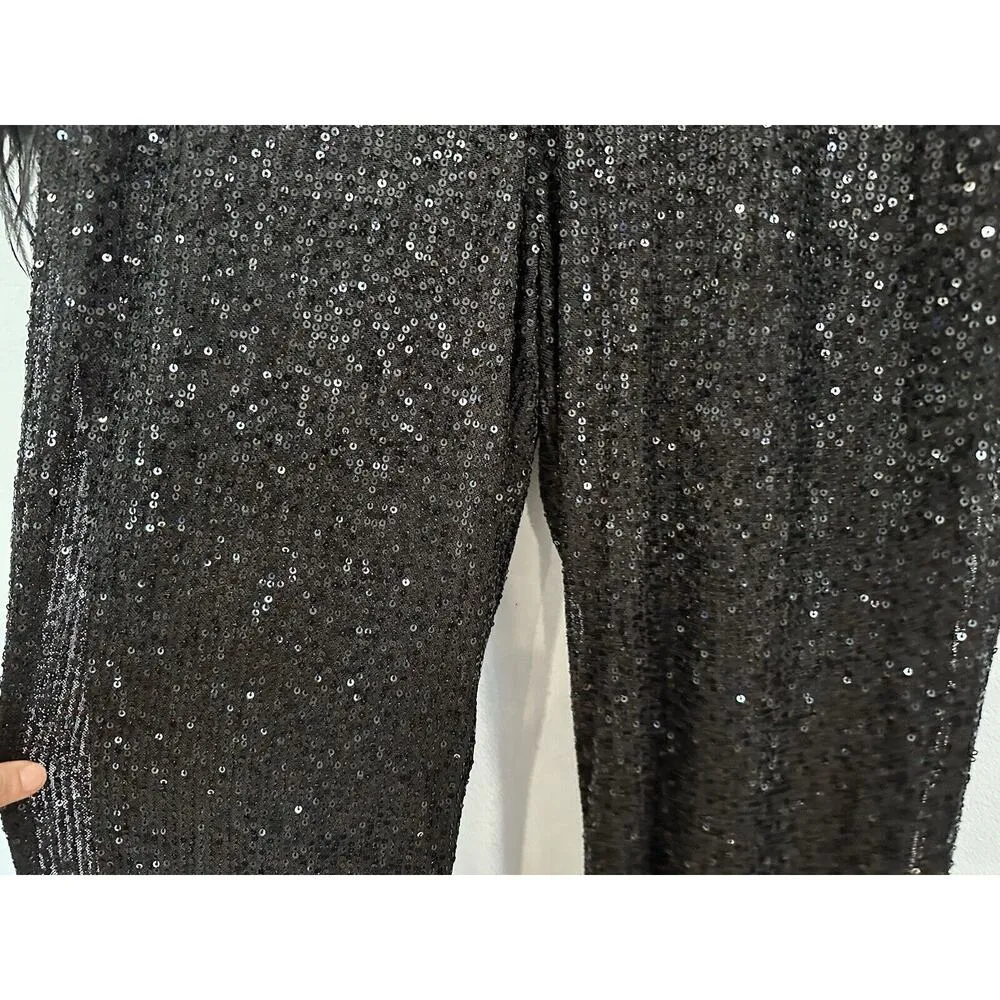 Mac Duggal 111581 Feather Cuff Sequin Black V Neck Jumpsuit XS NWOT - Image 4