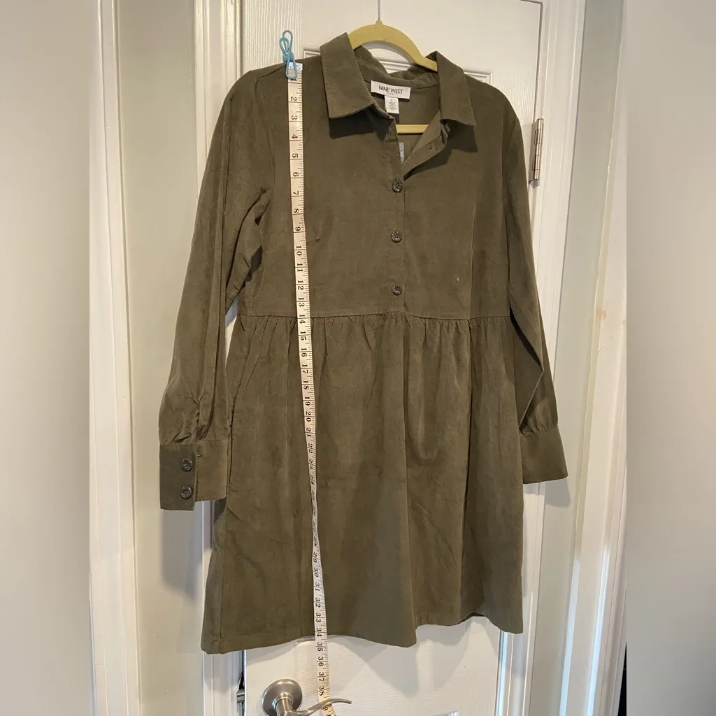 NWT Nine West Olive Green Velvet Button Front Collared Long Sleeve Mini Dress - Image 7