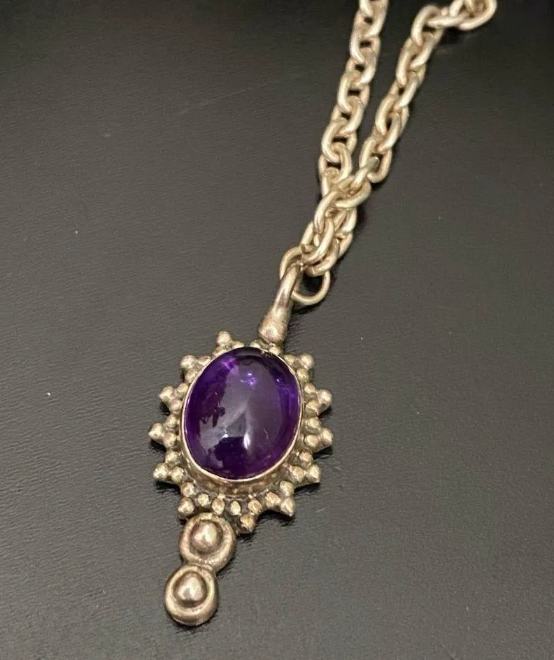 Vintage Handcrafted 925 Sterling Silver Amethyst Cabochon Pendant 18” Necklace Purple - Image 5