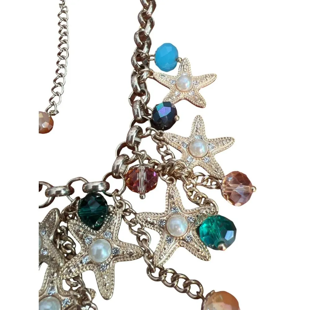 Gold Tone Starfish Charm Necklace Faux Pearl Glass Beads Nautical Beach Vacation - Image 3