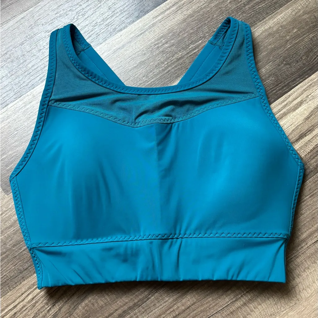 Athleta Sports Bra Medium Impact Crisscross Strappy Back Workout Top Teal - Image 3