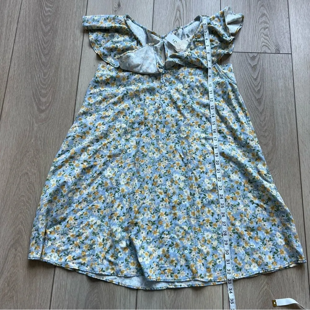 Hem & Thread NWT Peony Floral Ruffle Mini Dress Blue and Yellow Linen Size Small - Image 16