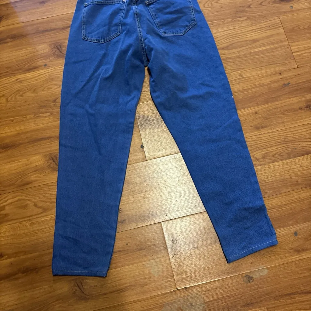 Vibrant Blue Women's Straight Leg Jeans with Colorful Patches Size 12 - Image 5