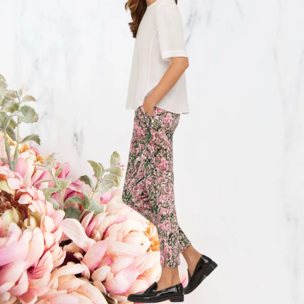 H & M Watercolor Floral Pink and Green Ankle Lightweight Pants Sz 8 - Image 2