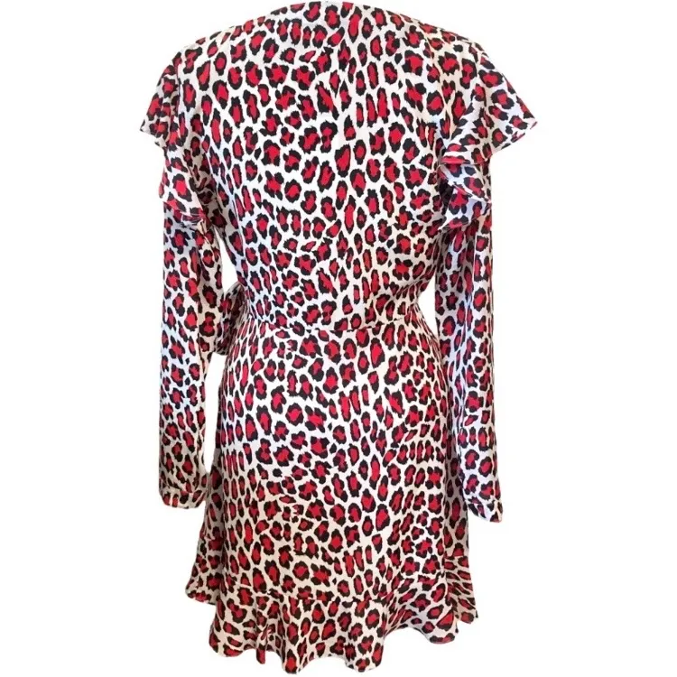 Robert Rodriguez Leopard Lena Wrap Dress White Black Red Long Sleeve Tie Ruffle - Image 6