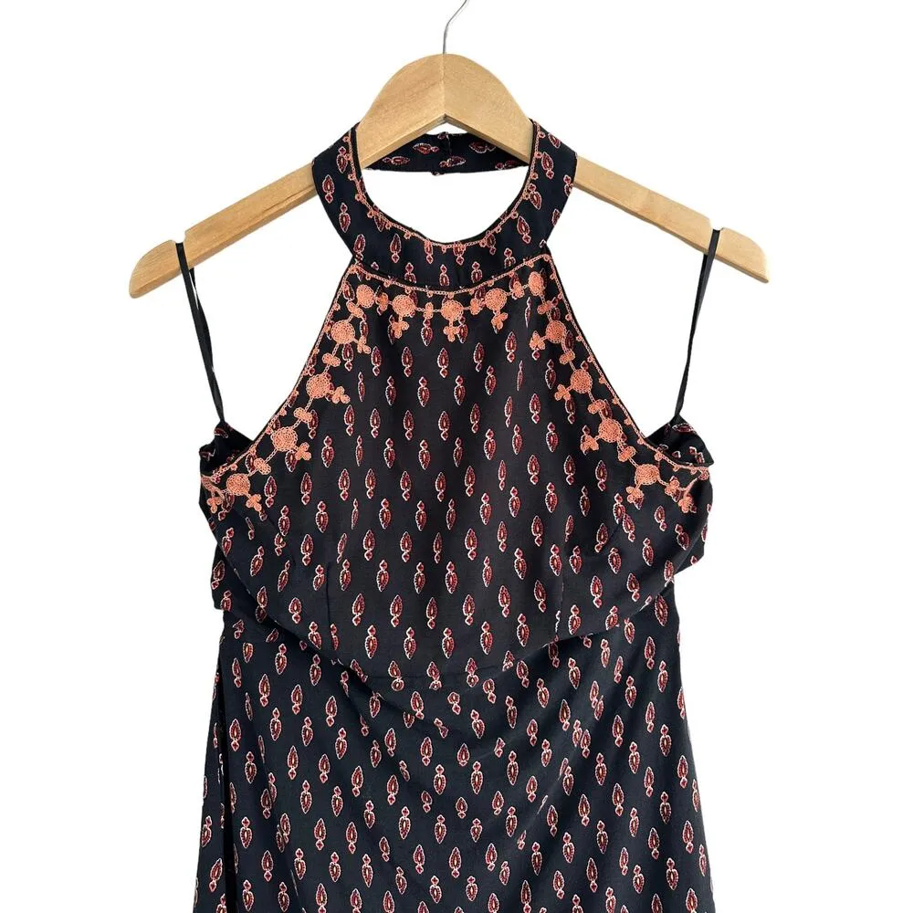 LF Millau Choker Tribal Boho Embroidered Halter Mini Dress Black Orange Medium - Image 6