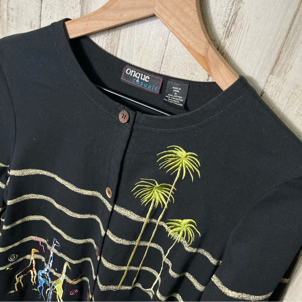 Vintage 90s Onque Black Button Cardigan Giraffe Palm Tree Striped Womens Medium - Image 3