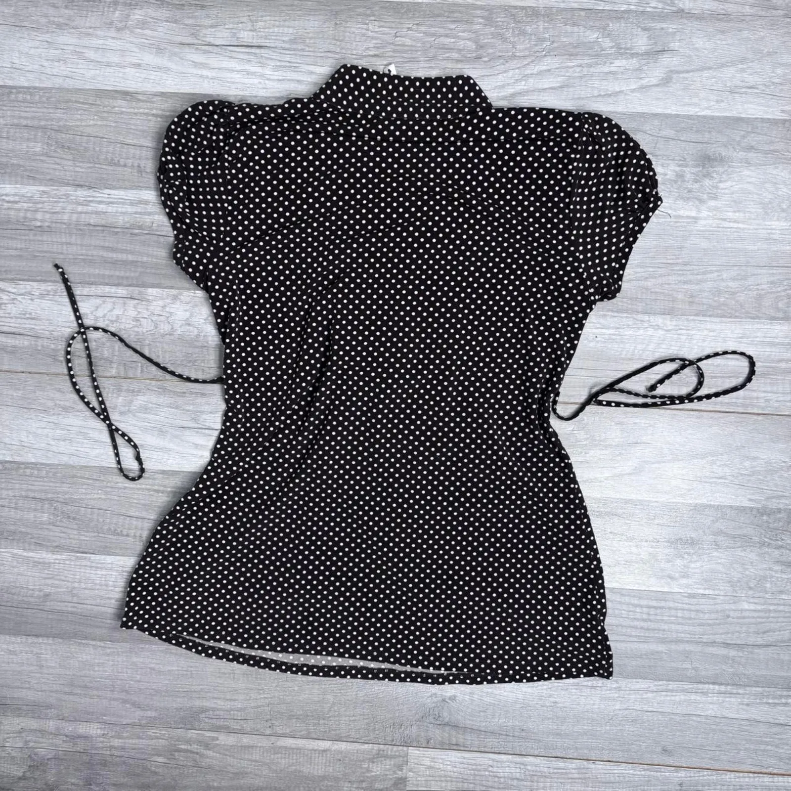 Babydoll Top Polka Dot Coquette Top Short Sleeve Brown White Ruffle Waist Tie - Image 3