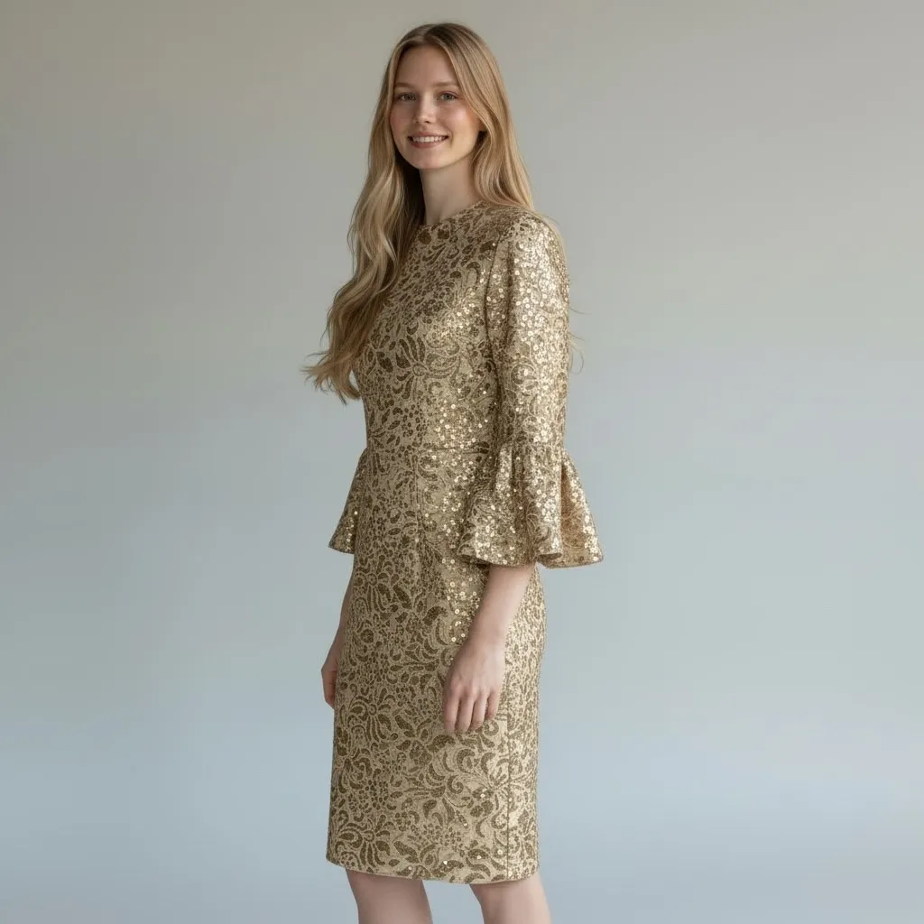 Betsy & Adam Strass Midi Gold Sequin Lace Bell Sleeve Cocktail Dress Size 4P - Image 2