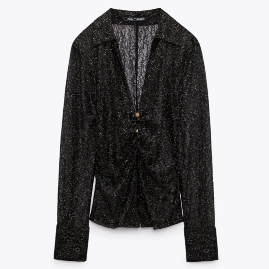 NWT Zara Women’s Ruched Front Lace Blouse Top V-Neck Sheer Shimmer Black Gold M - Image 3