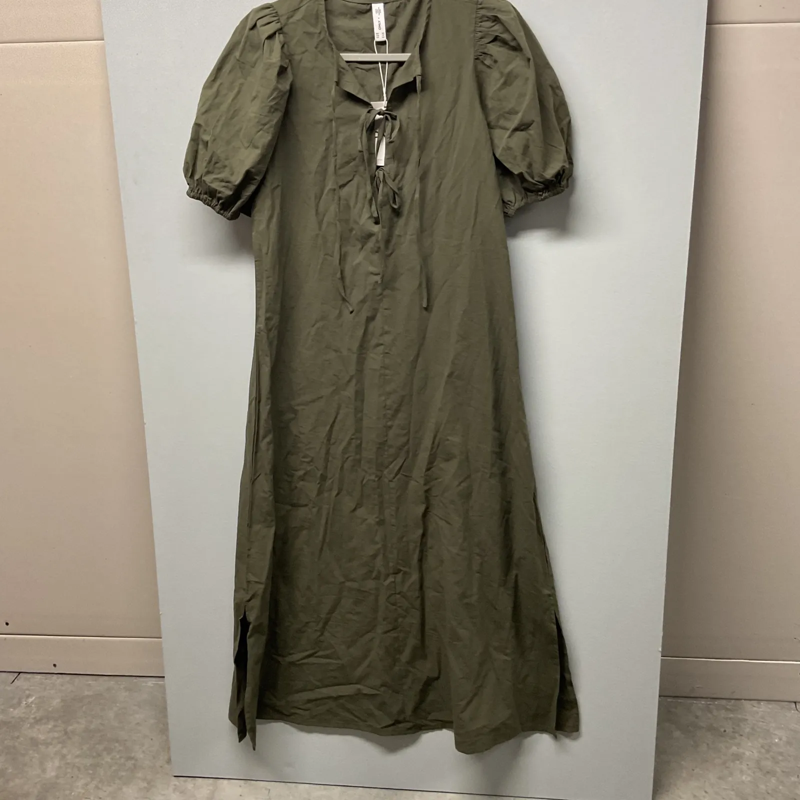 ONLY Olive Green Puff Sleeve Tie Neck Maxi Dress Casual Midi Size XS - Image 2