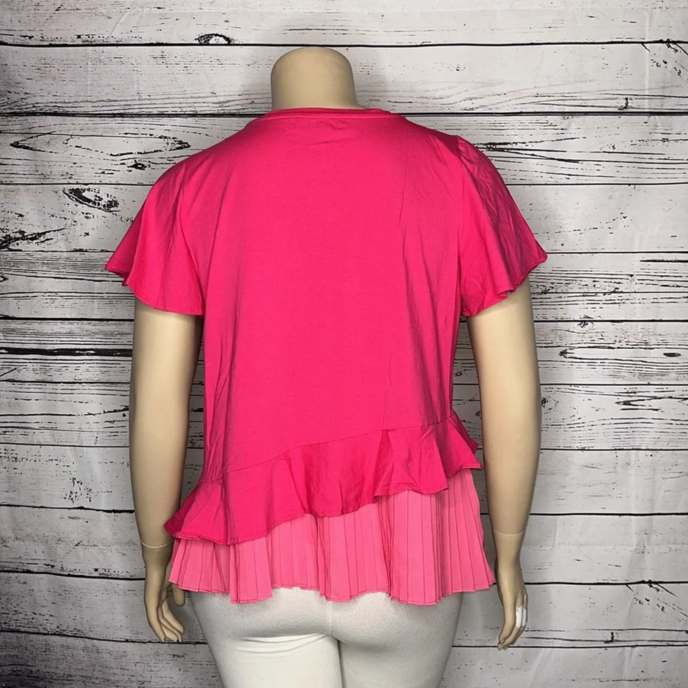 Eloquii Size 14/16 Hot Pink - Ruffle & Pleated Chiffon Hemline Knit Top Shirt - Image 4