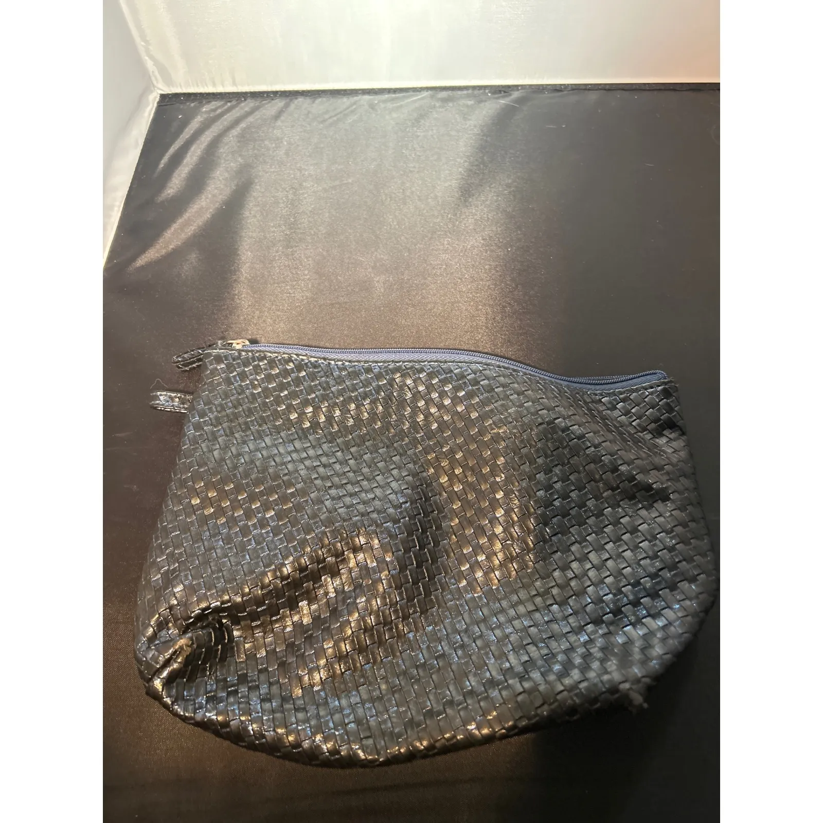 Tahari Black Woven Faux Leather Cosmetic Bag Pouch Zipper Closure - Image 2