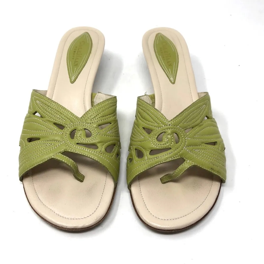 COLE HAAN green leather kitten heel slides - Image 2