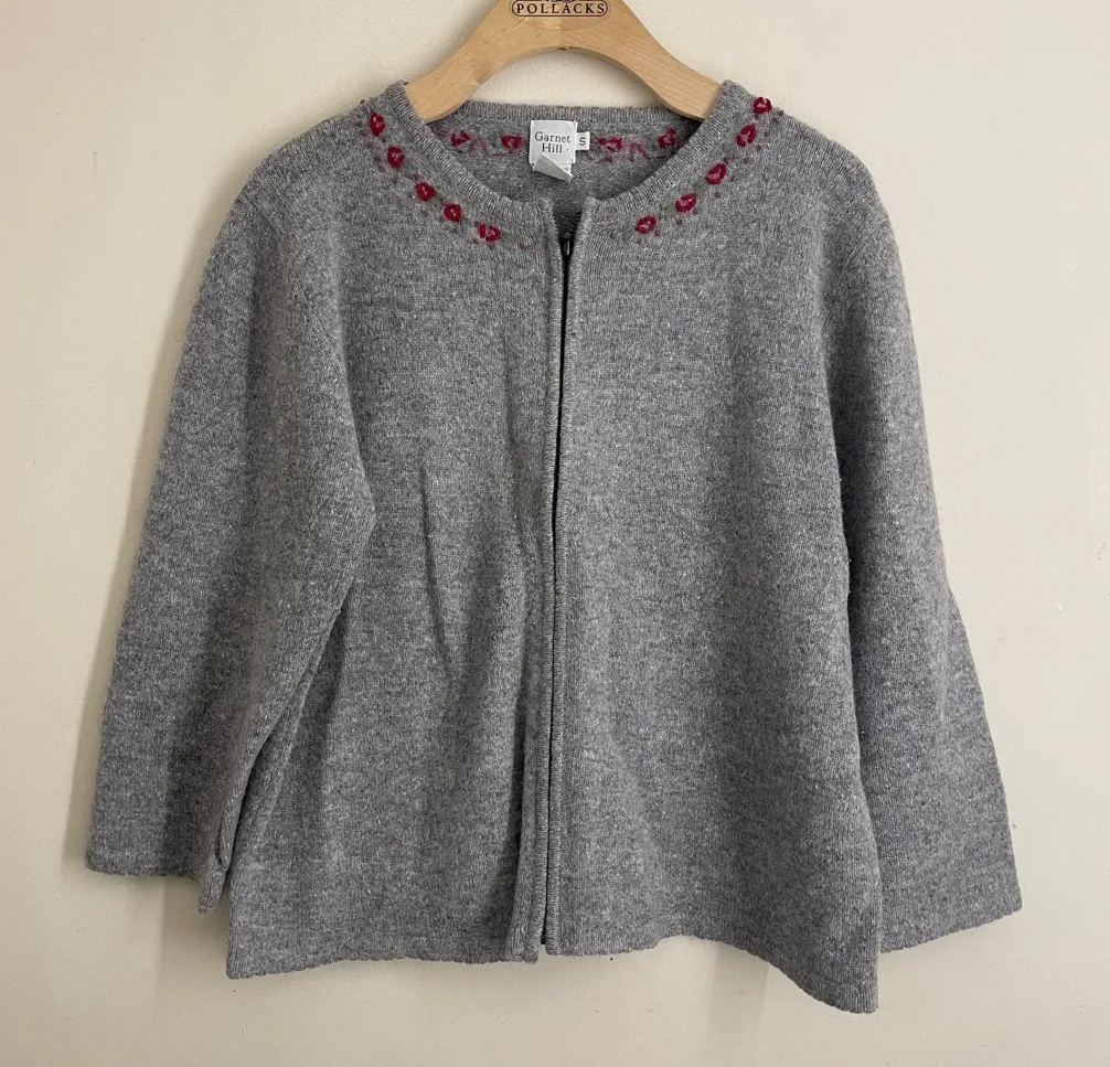 Garnet Hill Wool Angora Zip Cardigan Floral Embroidered Gray Size S - Image 1