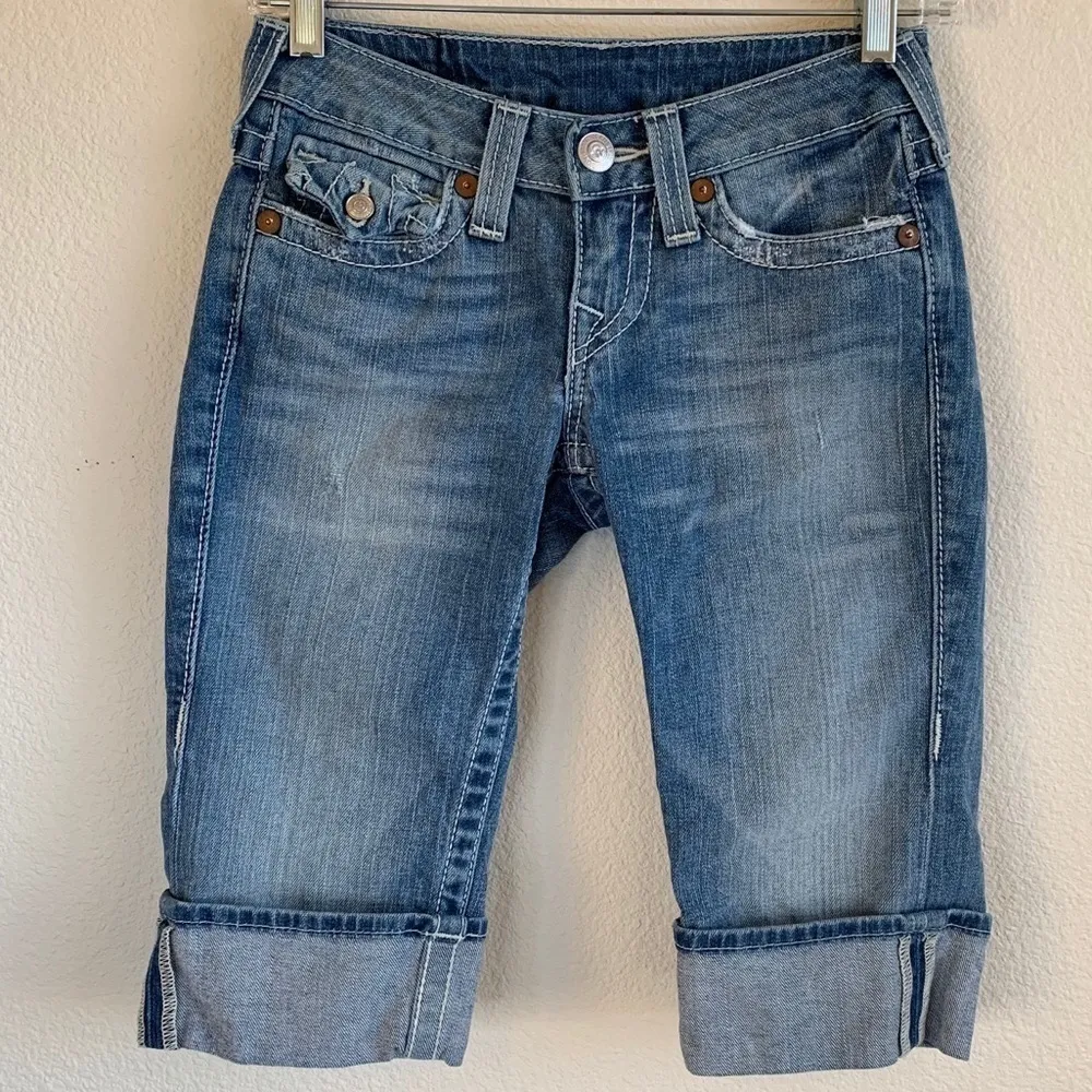 True Religion Distressed Sophie Denim Bermuda Shorts Blue Women’s Size 25 - Image 3