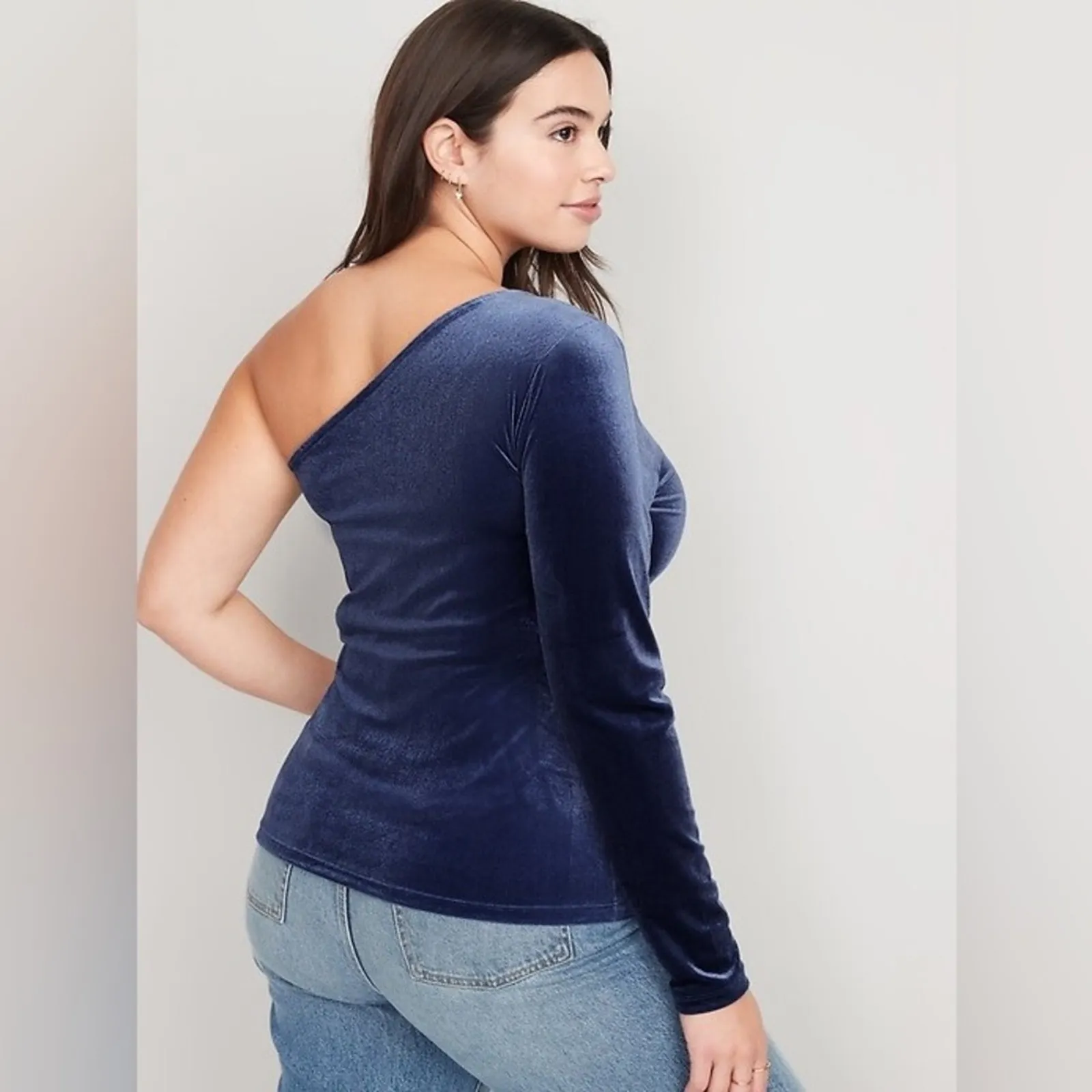 NWT Old Navy Velvet Top Womens 2X Navy One Shoulder Long Sleeve Going Out Party - Image 2