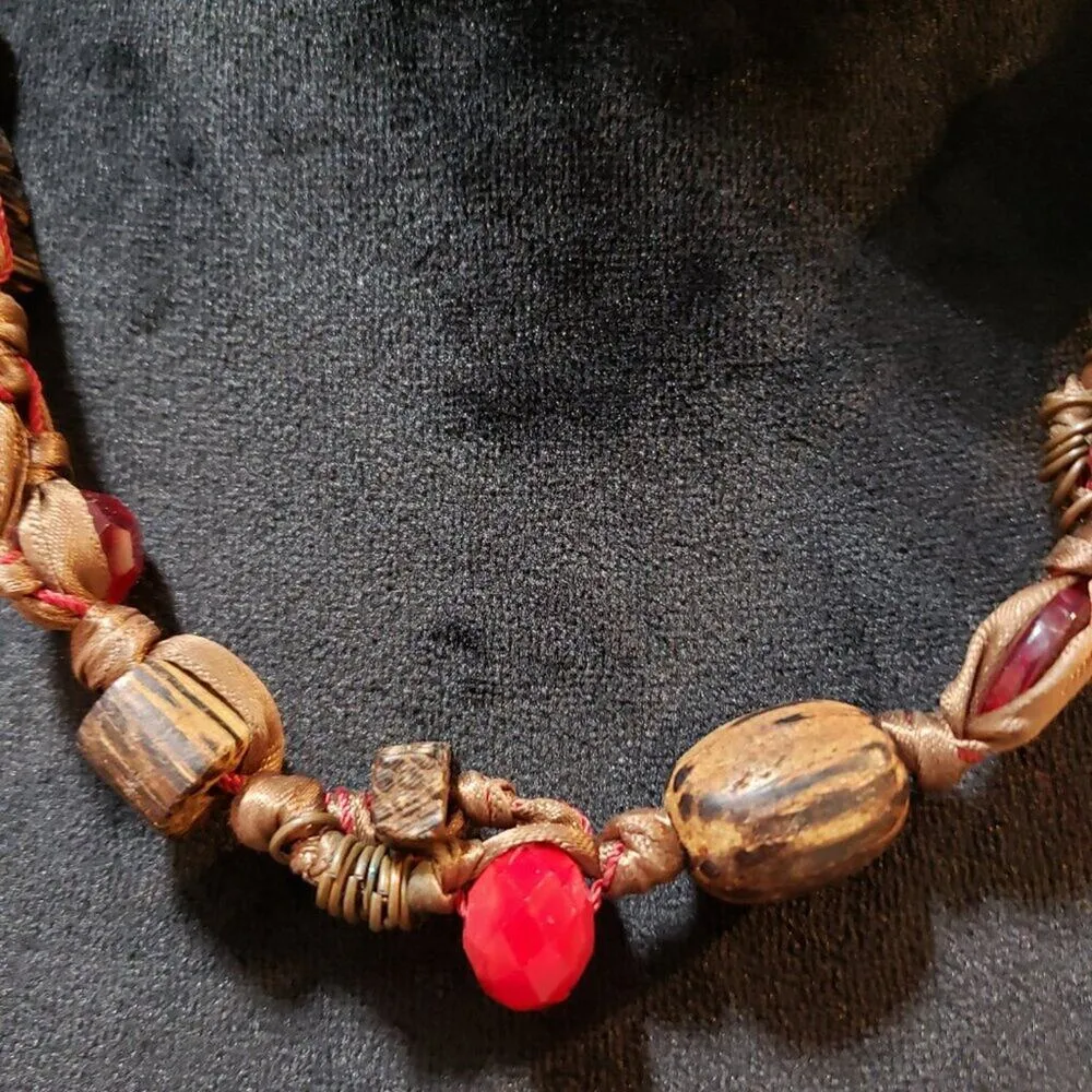 Women Brown Ribbon Wrapped Wood & Crystel Bead Collar Necklace with S Hook Clasp - Image 3