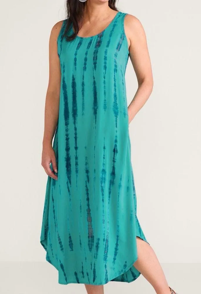 Soft Surroundings XS Tie Dye Tank Dress Blue Rayon Boho Beachy Summer Midi Maxi - Image 2