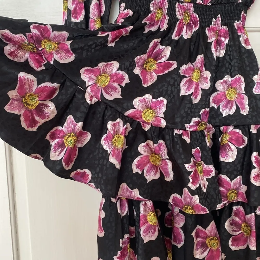 Borgo De Nor Black Purple Yulia Floral High Neck Ruffle Satin Dress Size 2 Sz XS - Image 9