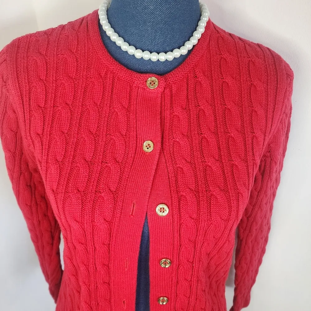 Calvin Klein Cotton Cable Knit Cardigan Sweater Gold Buttons - Image 3