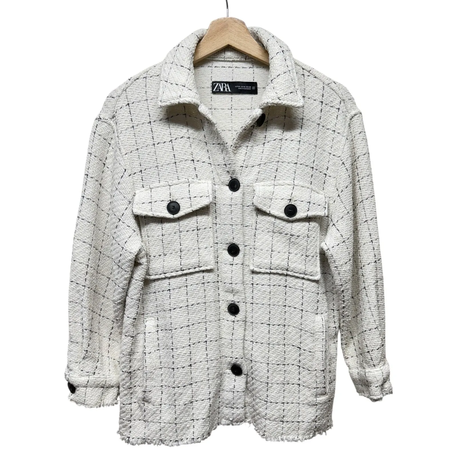 ZARA Oversized Tweed‎ Shacket Overshirt Women XS Ivory Check Textured Oversized - Image 2
