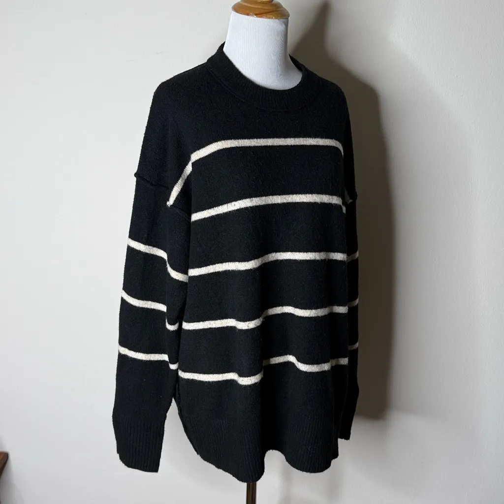 Aerie Black and Cream Striped Crewneck Sweater - Image 3