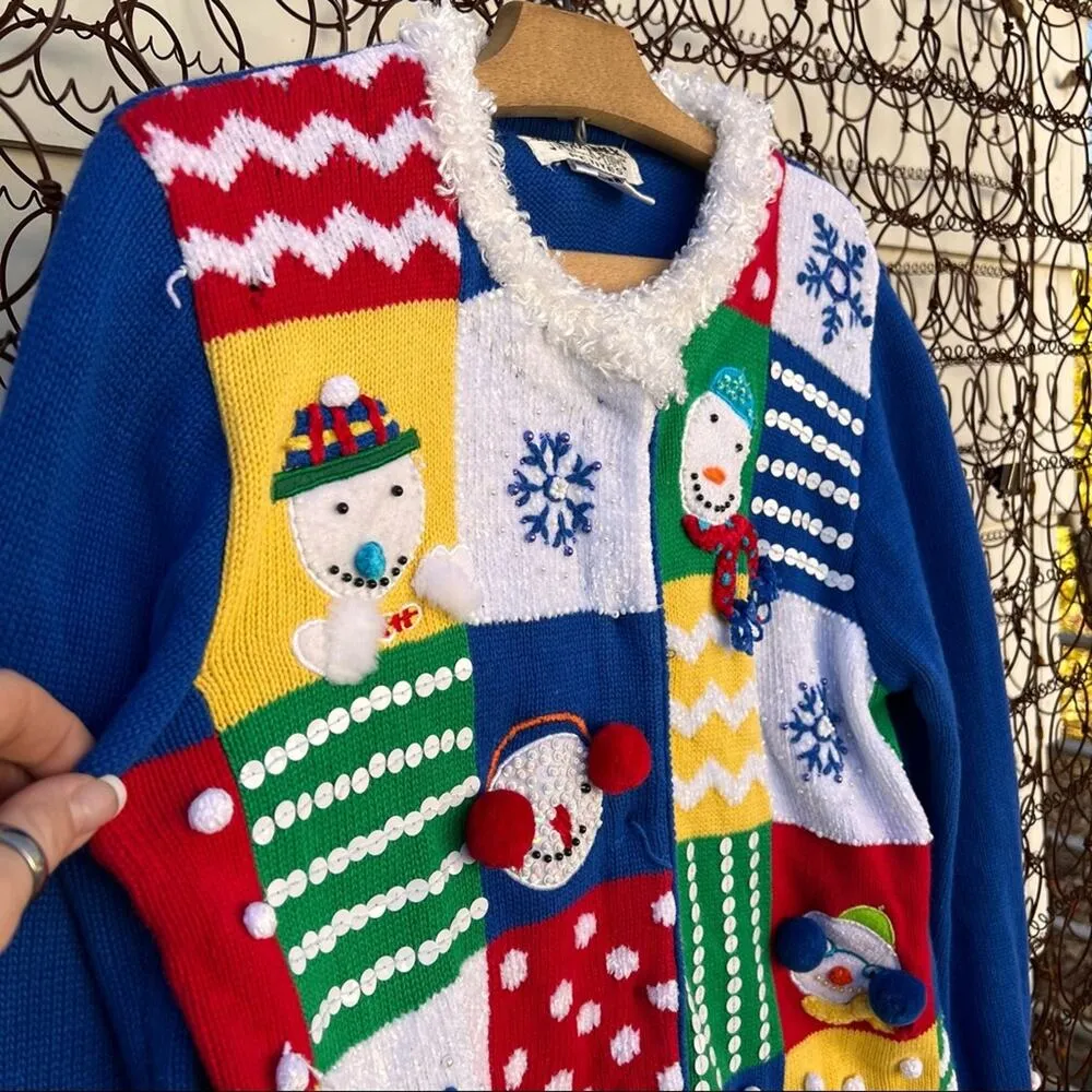 90s Jack B Quick Christmas primary color checkerboard snowman cardigan sweater Blue Size undefined - Image 2