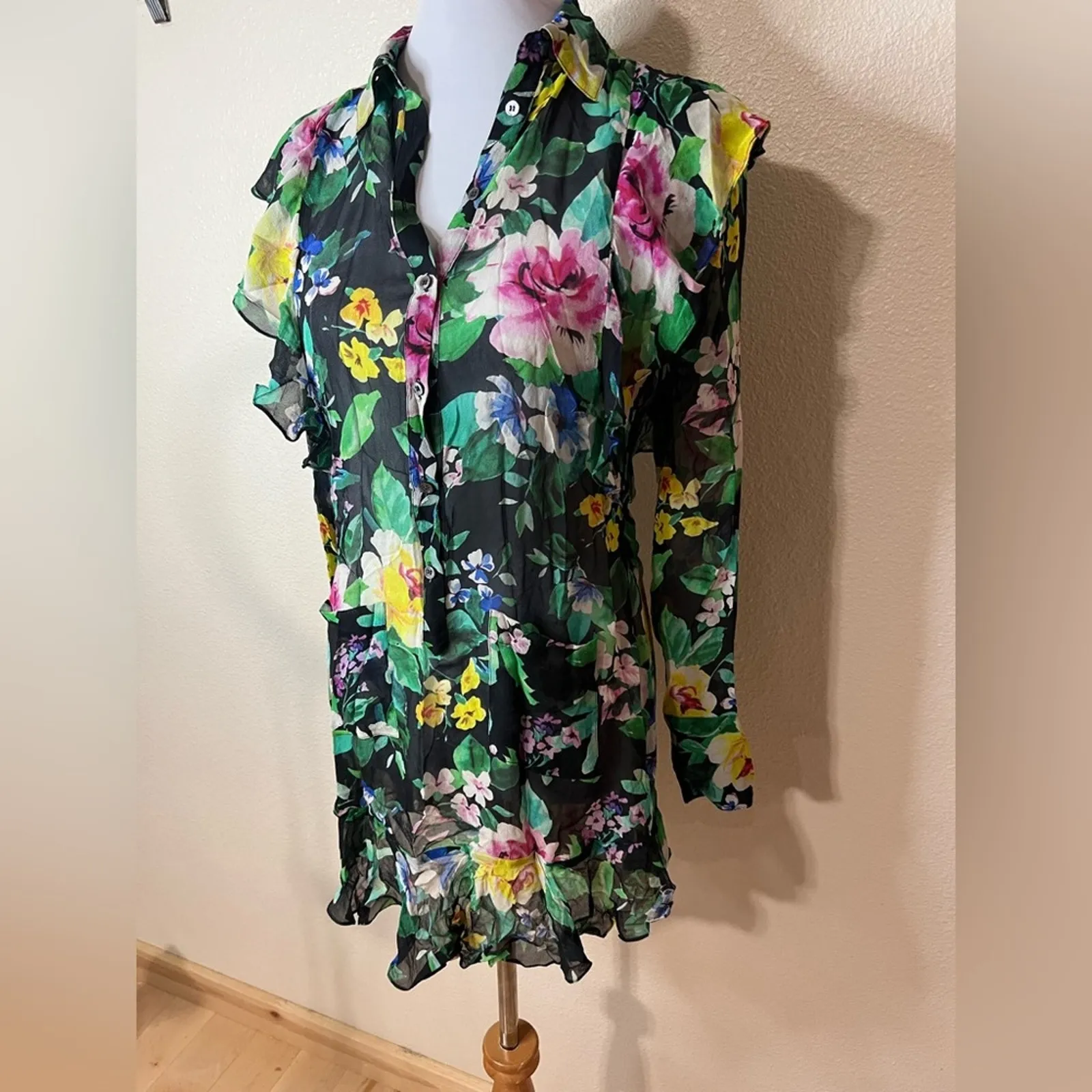 Marissa Webb silk floral ruffle long sleeve button front collared mini dress S Black - Image 3