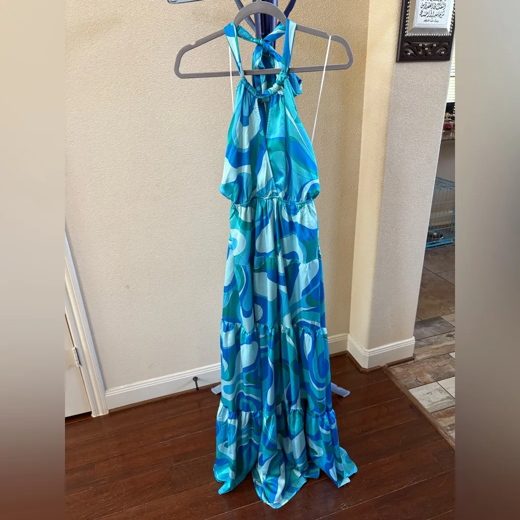 Blue Patterned Halter Maxi Dress Size L - Image 10