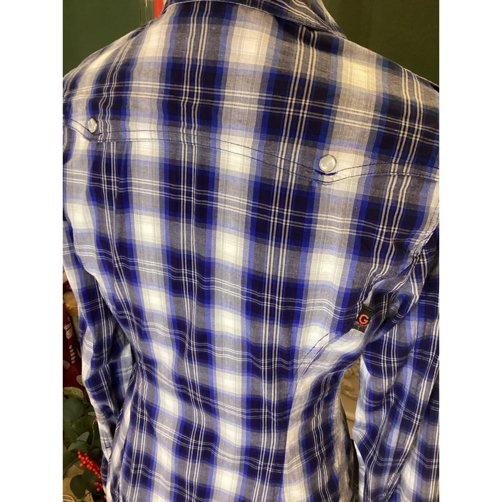 G by Guess Womens Blue Plaid Snap Button Western Shirt Embroidered Size Medium - Image 7