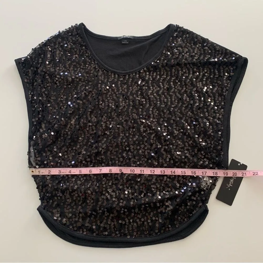 Rhapsody Sheer Black Sequin Short Cap Sleeve Blouse Shirt Large - Image 4