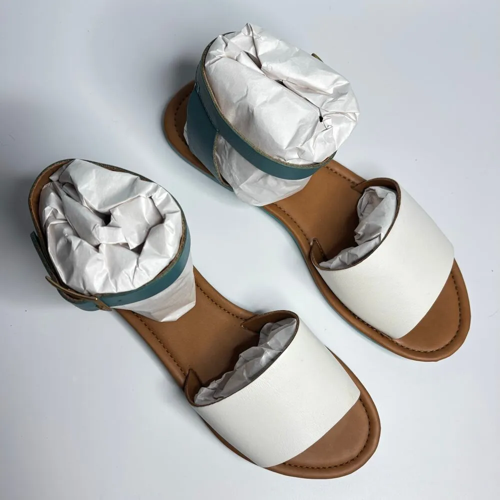 Coconuts by Matisse All About Flat Leather Ankle Strap Sandal in White/Turquoise - Image 5