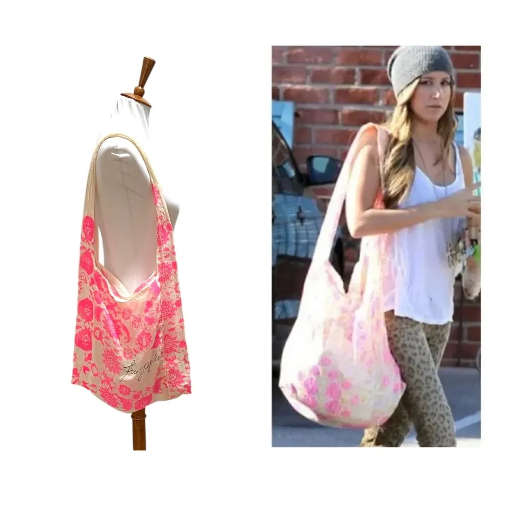 Free People Floral Print Linen Gauzy Tote Bag Pink One Size Boho Summer Festival - Image 2